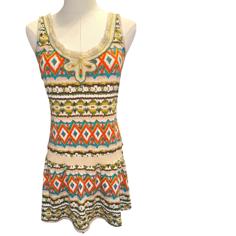Lulumari Anthropologie Geometric Lace Trim Smocked Waist‎ Tank Tunic Dress Large